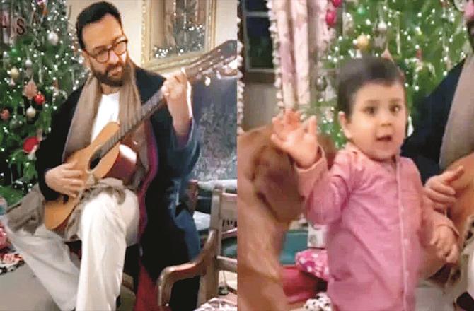 In the first picture, Saif Ali Khan is playing the guitar while in the second picture, his son is dancing